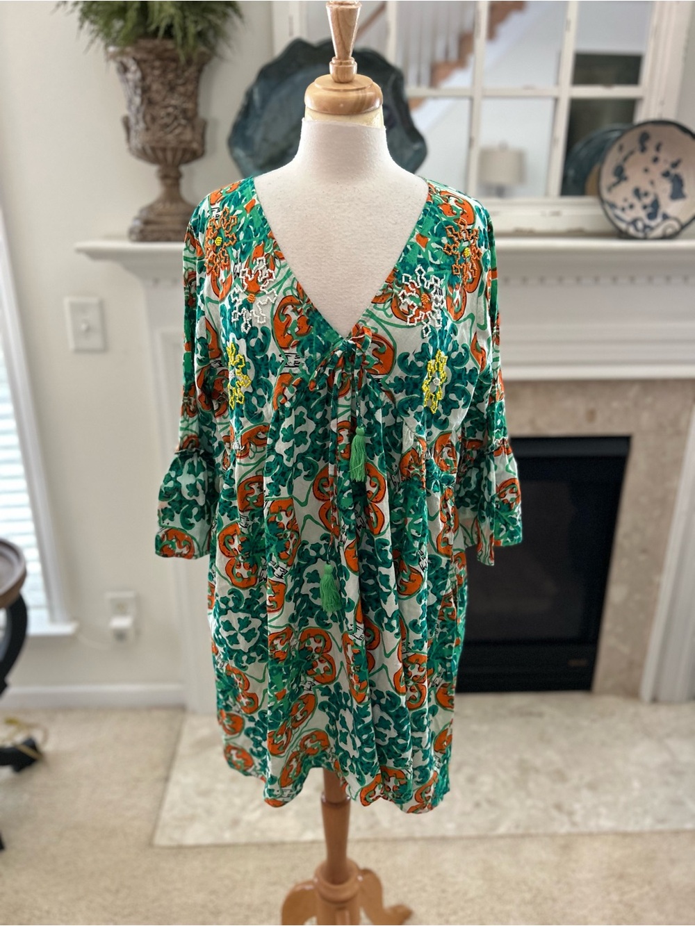 V-Neck Floral Italian Dress in Green and Orange